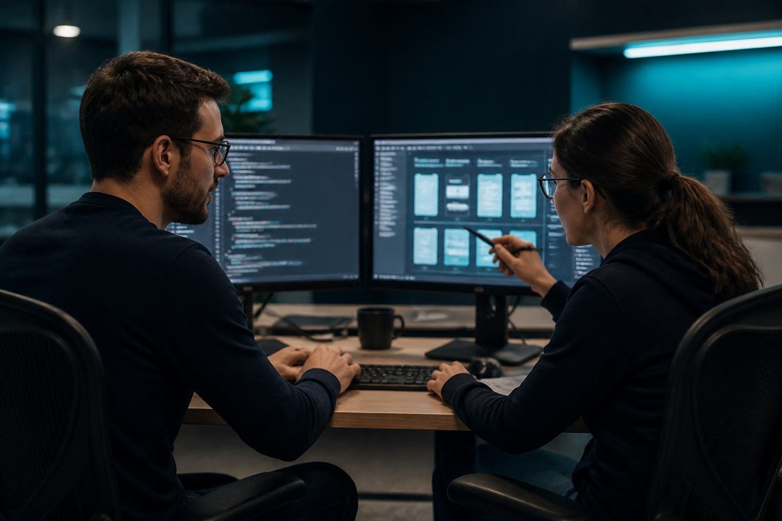 Developers collaborating on custom software at dual monitors