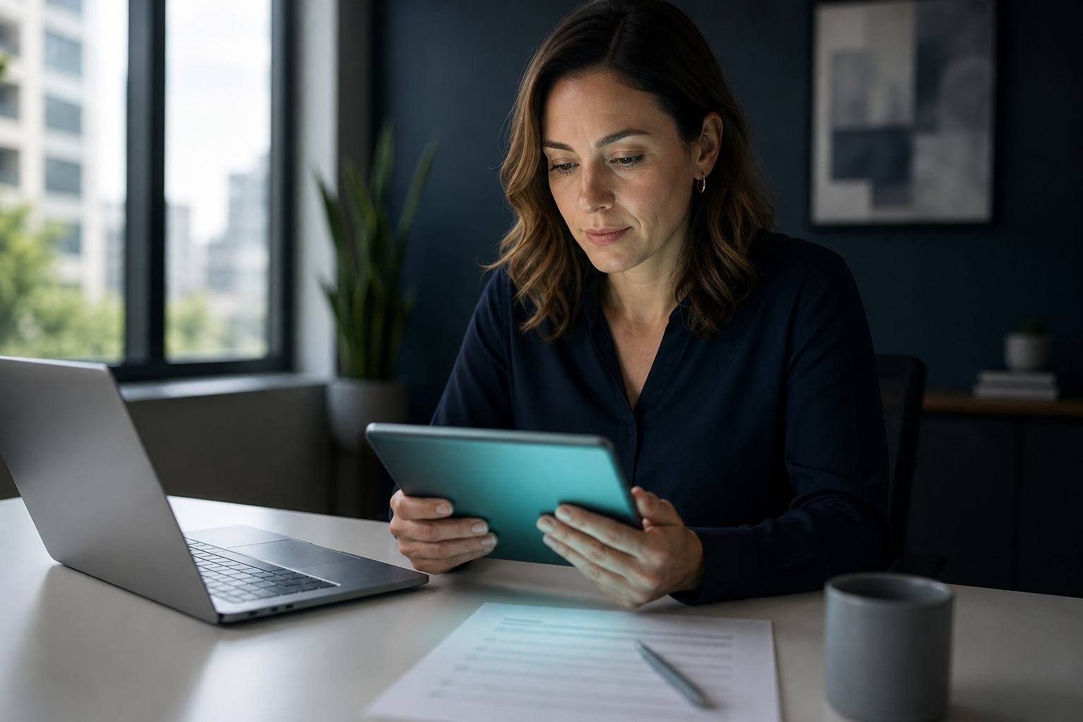 Researcher reviewing a survey on a tablet in a quiet studio